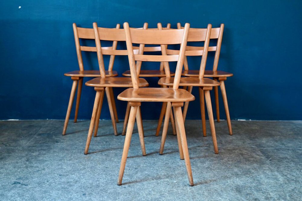 Vintage Scandinavian Wooden Chairs with Compass Legs, 1960s, Set of 6