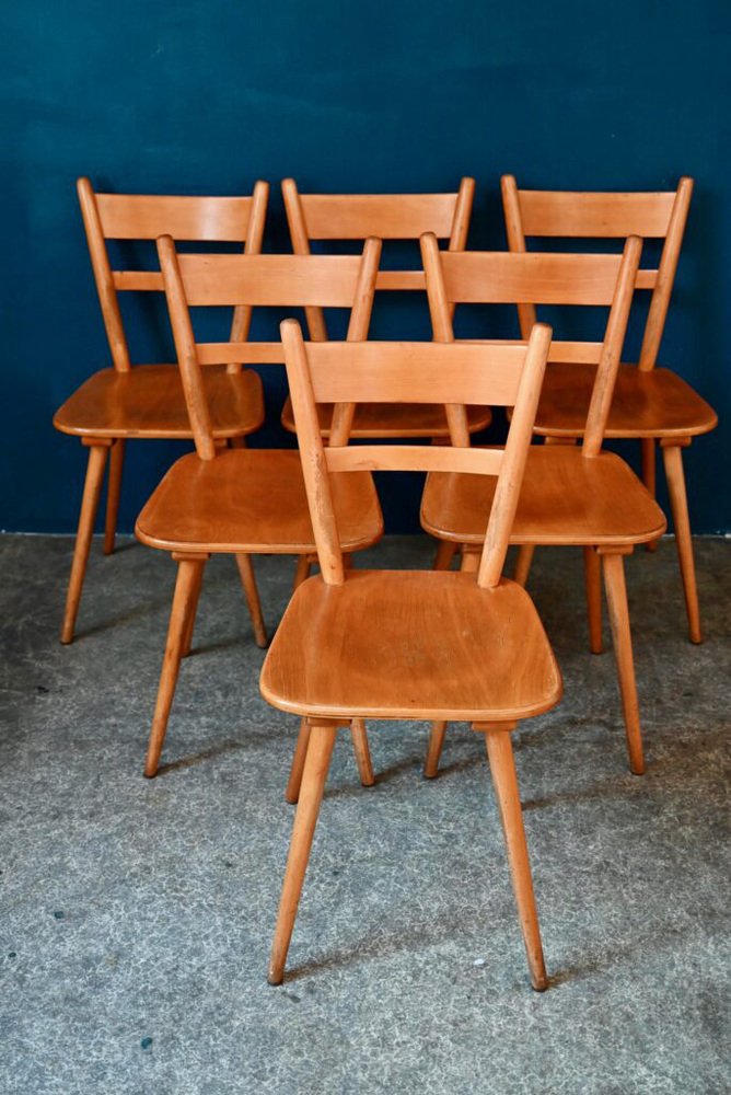 Vintage Scandinavian Wooden Chairs with Compass Legs, 1960s, Set of 6