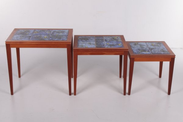 Vintage Set of 3 Side Tables with Blue Tiles, 1960s, Denmark-EZZ-1150870