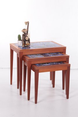 Vintage Set of 3 Side Tables with Blue Tiles, 1960s, Denmark-EZZ-1150870