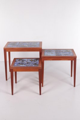 Vintage Set of 3 Side Tables with Blue Tiles, 1960s, Denmark-EZZ-1150870