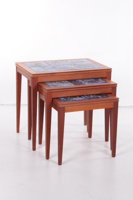 Vintage Set of 3 Side Tables with Blue Tiles, 1960s, Denmark-EZZ-1150870