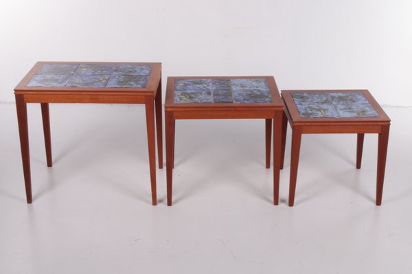 Vintage Set of 3 Side Tables with Blue Tiles, 1960s, Denmark-EZZ-1150870