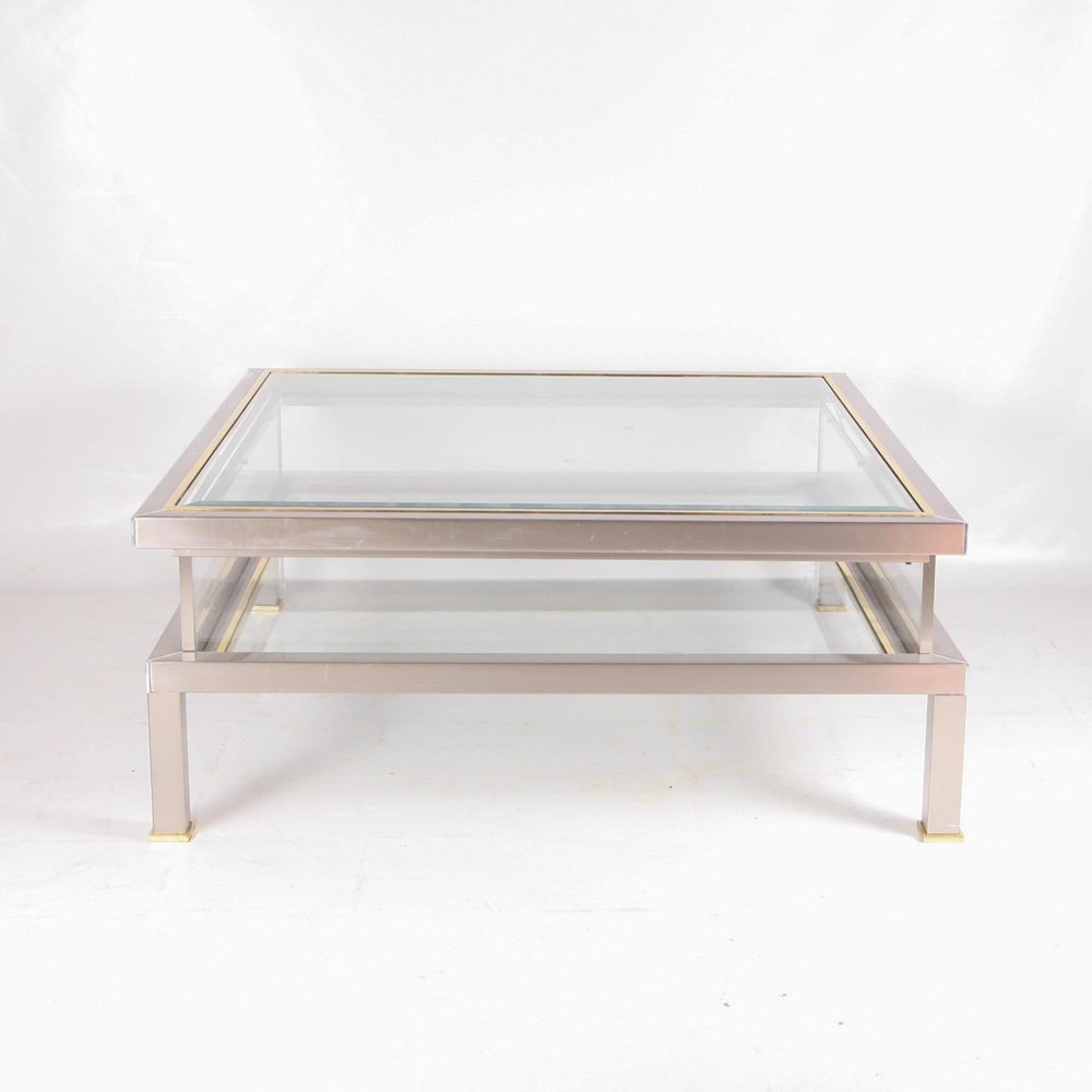 Vintage Showcase Lounge Table with Brushed and Golden Metal Sliding Tray, 1970s