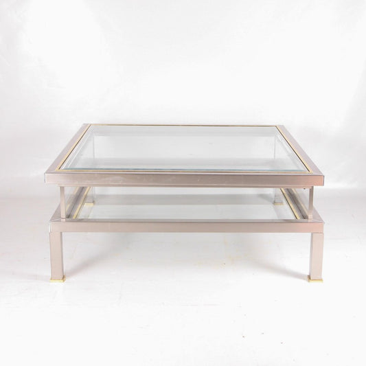 Vintage Showcase Lounge Table with Brushed and Golden Metal Sliding Tray, 1970s