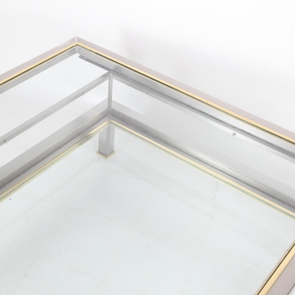 Vintage Showcase Lounge Table with Brushed and Golden Metal Sliding Tray, 1970s