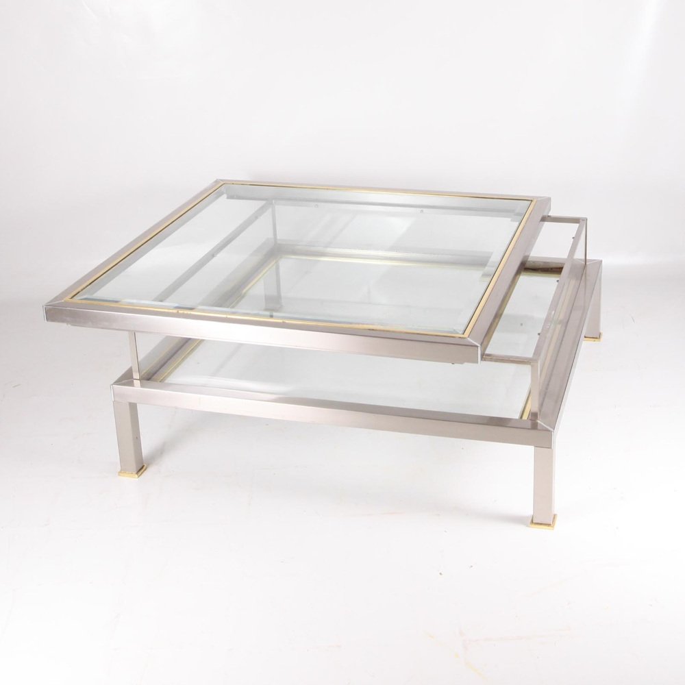 Vintage Showcase Lounge Table with Brushed and Golden Metal Sliding Tray, 1970s