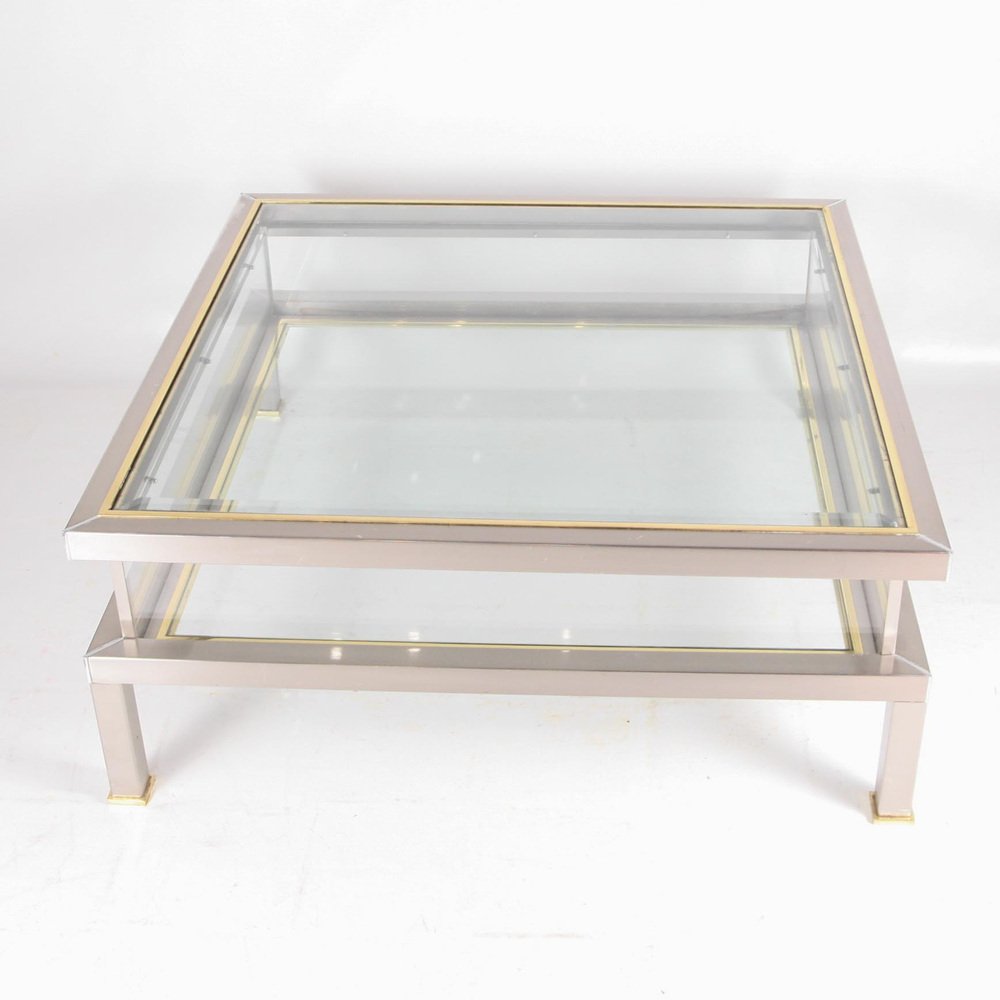 Vintage Showcase Lounge Table with Brushed and Golden Metal Sliding Tray, 1970s