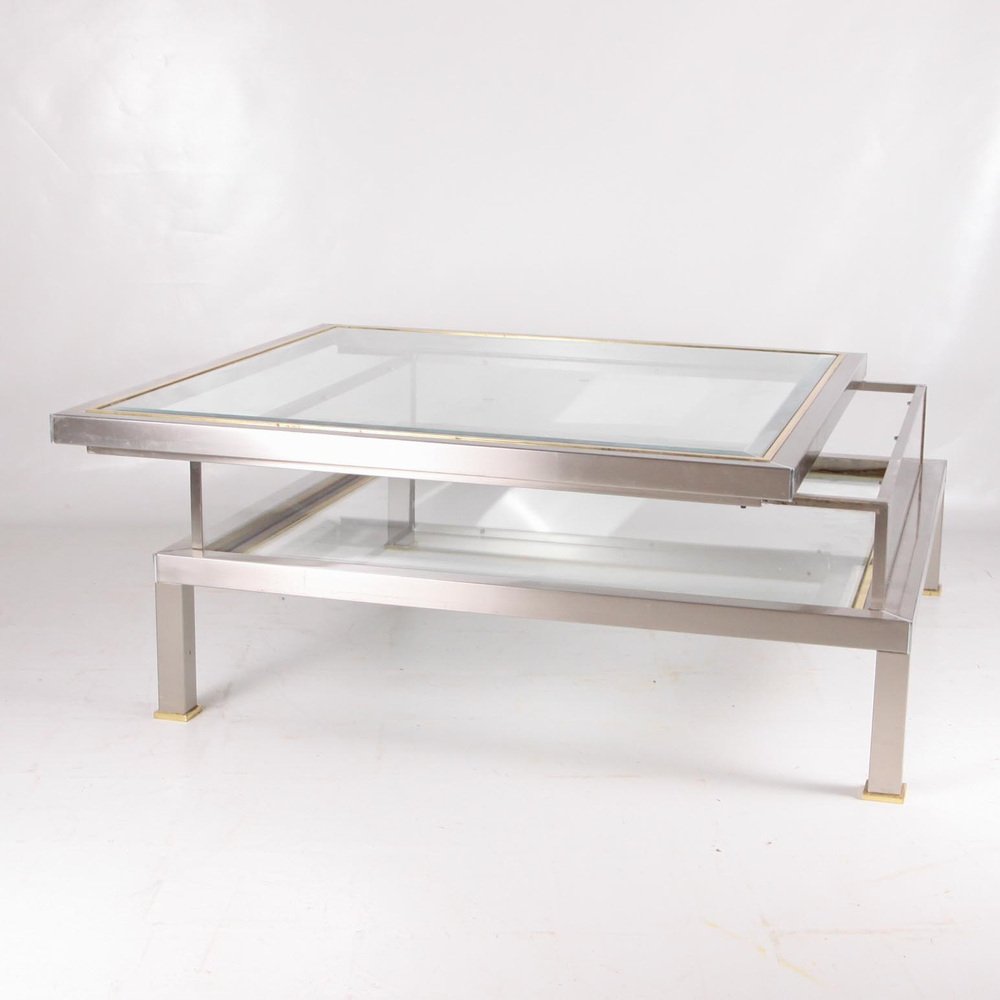 Vintage Showcase Lounge Table with Brushed and Golden Metal Sliding Tray, 1970s