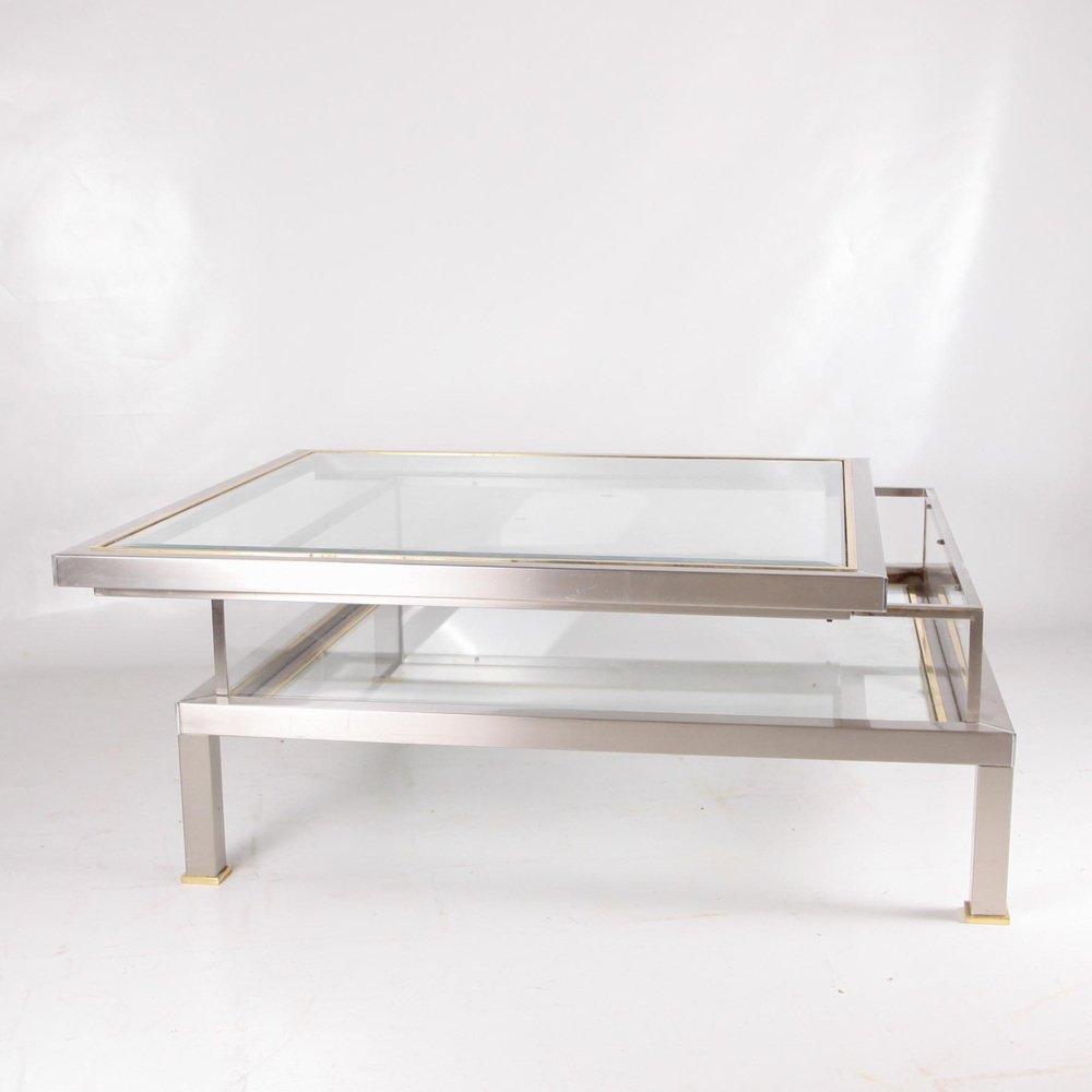 Vintage Showcase Lounge Table with Brushed and Golden Metal Sliding Tray, 1970s