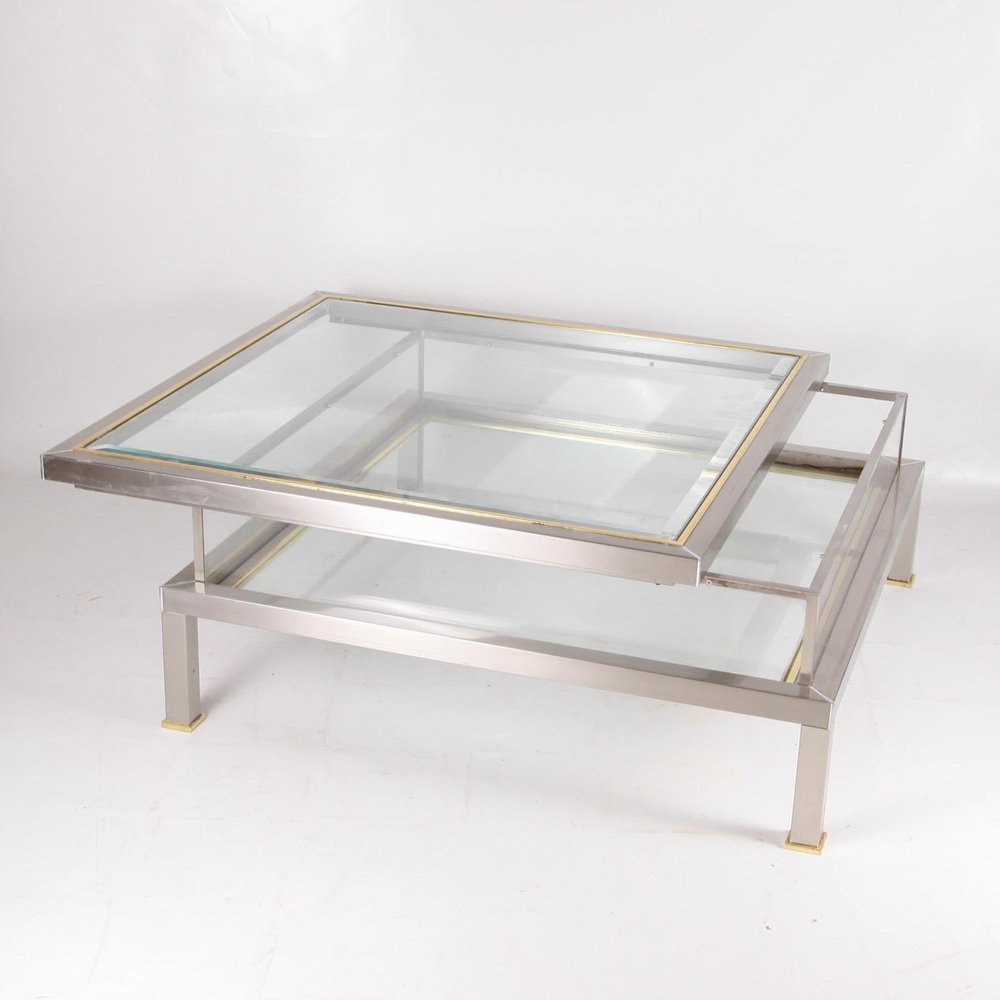 Vintage Showcase Lounge Table with Brushed and Golden Metal Sliding Tray, 1970s