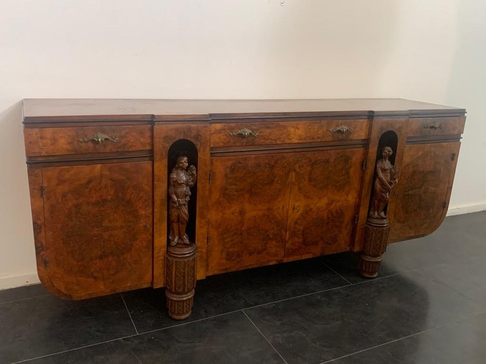 Vintage Sideboard in Walnut Root with Sculptures on the Front, 1920s