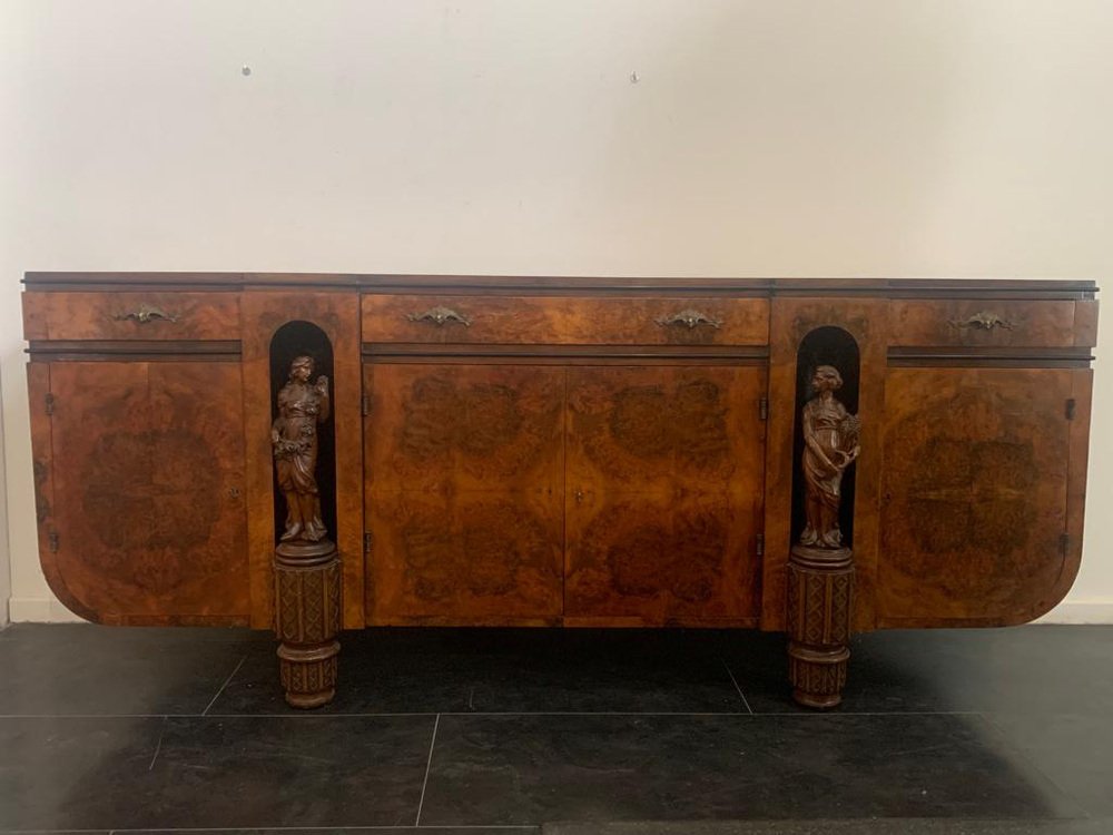 Vintage Sideboard in Walnut Root with Sculptures on the Front, 1920s