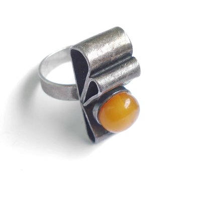 Vintage Silver Amber Ring, 1980s-YGE-868689