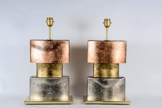 Vintage Silver, Copper & Gold Leaf Table Lamp Bases, Set of 2