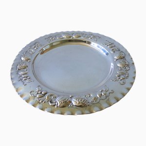 Vintage Silver Plated Round Tray with Embossed Flower Pattern, Sweden-JKV-1799331