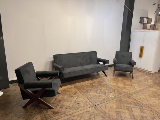 Vintage Sofa and Armchairs by Pierre Jeanneret, 1956, Set of 3-DLN-1780617