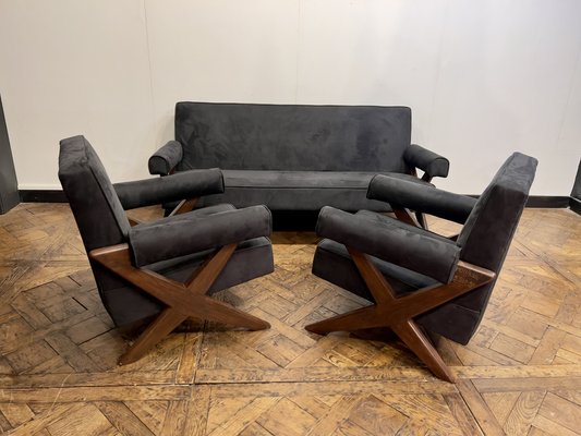 Vintage Sofa and Armchairs by Pierre Jeanneret, 1956, Set of 3-DLN-1780617