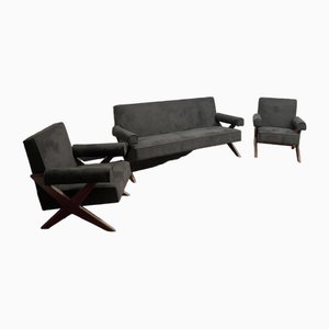 Vintage Sofa and Armchairs by Pierre Jeanneret, 1956, Set of 3-DLN-1780617