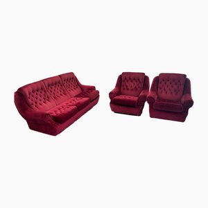 Vintage Sofa and Chairs in Red, Set of 3-HVX-1730624