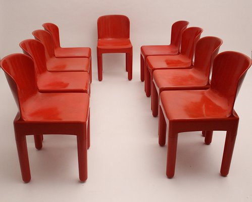 Vintage Space Age Italian Red Plastic Dining Chairs by Marcello Siard, 1960s, Set of 8-NB-724299