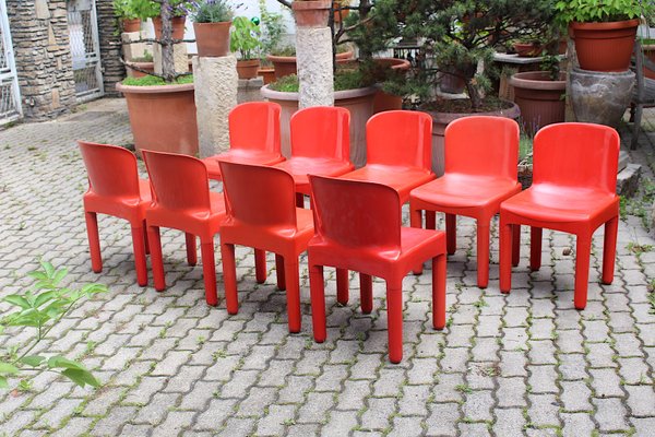 Vintage Space Age Italian Red Plastic Dining Chairs by Marcello Siard, 1960s, Set of 8-NB-724299