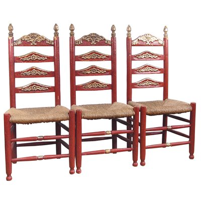 Vintage Spanish Catalan Chairs with Rush Seat, Set of 3-GIW-1365174