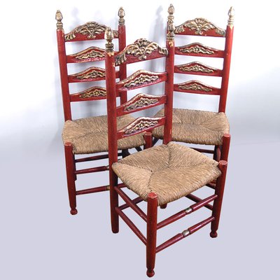 Vintage Spanish Catalan Chairs with Rush Seat, Set of 3-GIW-1365174