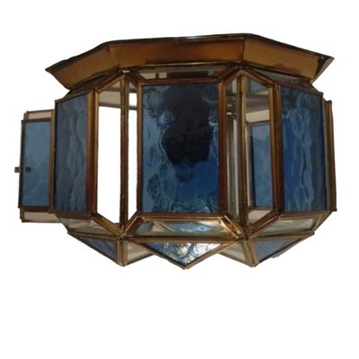 Vintage Spanish Octagonal Brass and Blue Crystal Ceiling Lamp-TCS-1397548