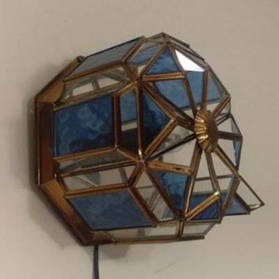 Vintage Spanish Octagonal Brass and Blue Crystal Ceiling Lamp-TCS-1397548