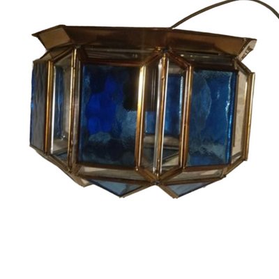 Vintage Spanish Octagonal Brass and Blue Crystal Ceiling Lamp-TCS-1397548