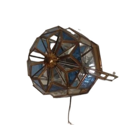 Vintage Spanish Octagonal Brass and Blue Crystal Ceiling Lamp-TCS-1397548