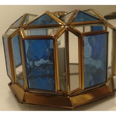 Vintage Spanish Octagonal Brass and Blue Crystal Ceiling Lamp-TCS-1397548