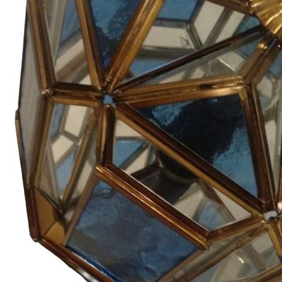 Vintage Spanish Octagonal Brass and Blue Crystal Ceiling Lamp-TCS-1397548