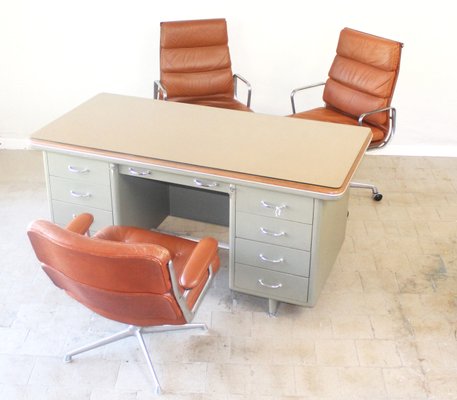 Vintage Steel and Leather Industrial Desk, 1940s-CJH-1437681