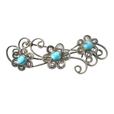 Vintage Sterling Silver & Turquoise Cabochons Brooch, 1960s