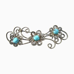 Vintage Sterling Silver & Turquoise Cabochons Brooch, 1960s-YGE-868667