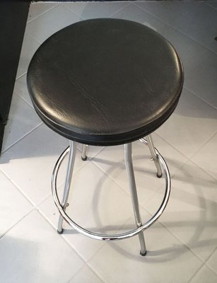 Vintage Stool with Tubular Steel Structure & Black Leather Seat-GGK-753977