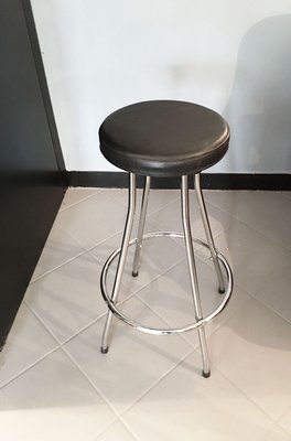 Vintage Stool with Tubular Steel Structure & Black Leather Seat-GGK-753977