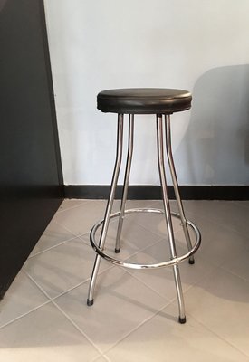 Vintage Stool with Tubular Steel Structure & Black Leather Seat-GGK-753977