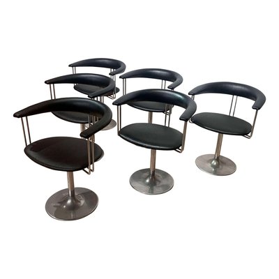 Vintage Swivel Armchairs in Metal & Black Leather, Netherlands, 1970s, Set of 6-NNB-883900