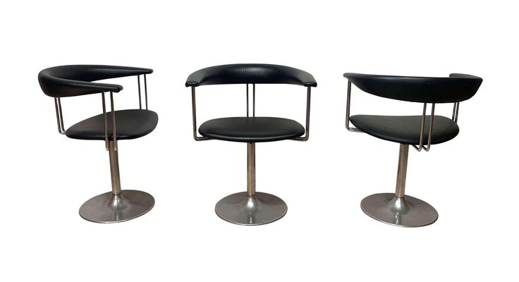 Vintage Swivel Armchairs in Metal & Black Leather, Netherlands, 1970s, Set of 6-NNB-883900