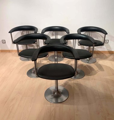 Vintage Swivel Armchairs in Metal & Black Leather, Netherlands, 1970s, Set of 6-NNB-883900