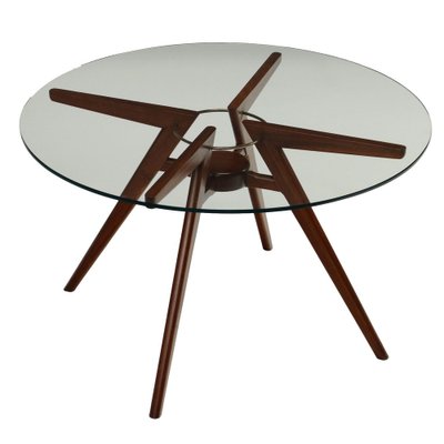 Vintage Table in Brass, Glass & Beech Wood Argentina, 1950s-VMM-1819596