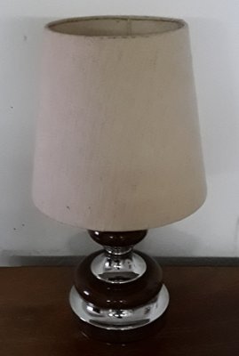 Vintage Table Lamp in Chrome Metal & Brown Ceramic with Beige Fabric Shade, 1970s-HOI-1015710