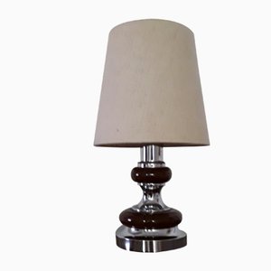 Vintage Table Lamp in Chrome Metal & Brown Ceramic with Beige Fabric Shade, 1970s-HOI-1015710