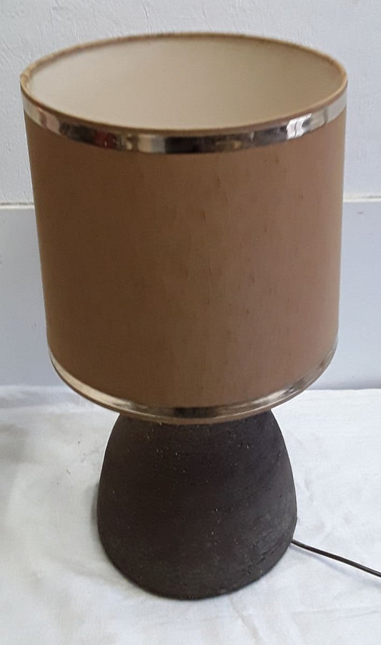 Vintage Table Lamp in Dark Brown Unglazed Ceramic with Silver & Brown Fabric Shade, 1970s