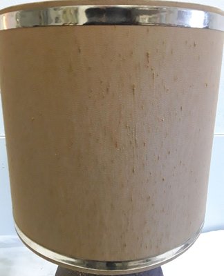 Vintage Table Lamp in Dark Brown Unglazed Ceramic with Silver & Brown Fabric Shade, 1970s-HOI-932108