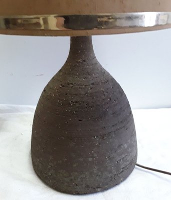 Vintage Table Lamp in Dark Brown Unglazed Ceramic with Silver & Brown Fabric Shade, 1970s-HOI-932108