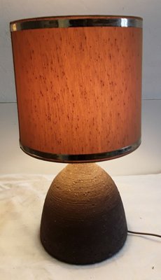 Vintage Table Lamp in Dark Brown Unglazed Ceramic with Silver & Brown Fabric Shade, 1970s-HOI-932108